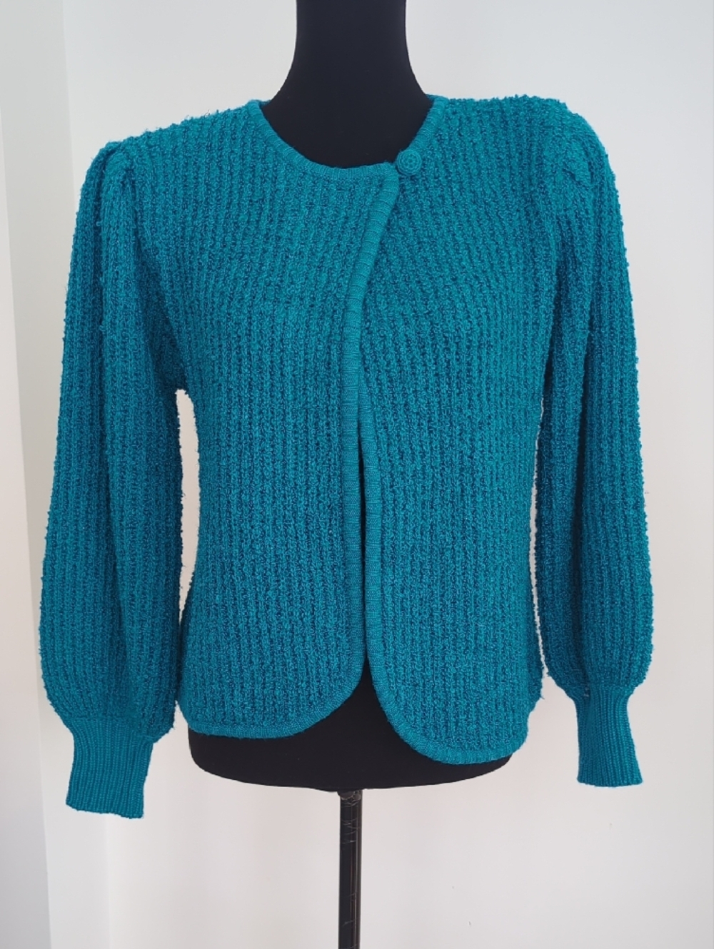 Vintage Evian 80s Teal Bouclé Knit Puff Sleeve Cardigan Jacket MEDIUM